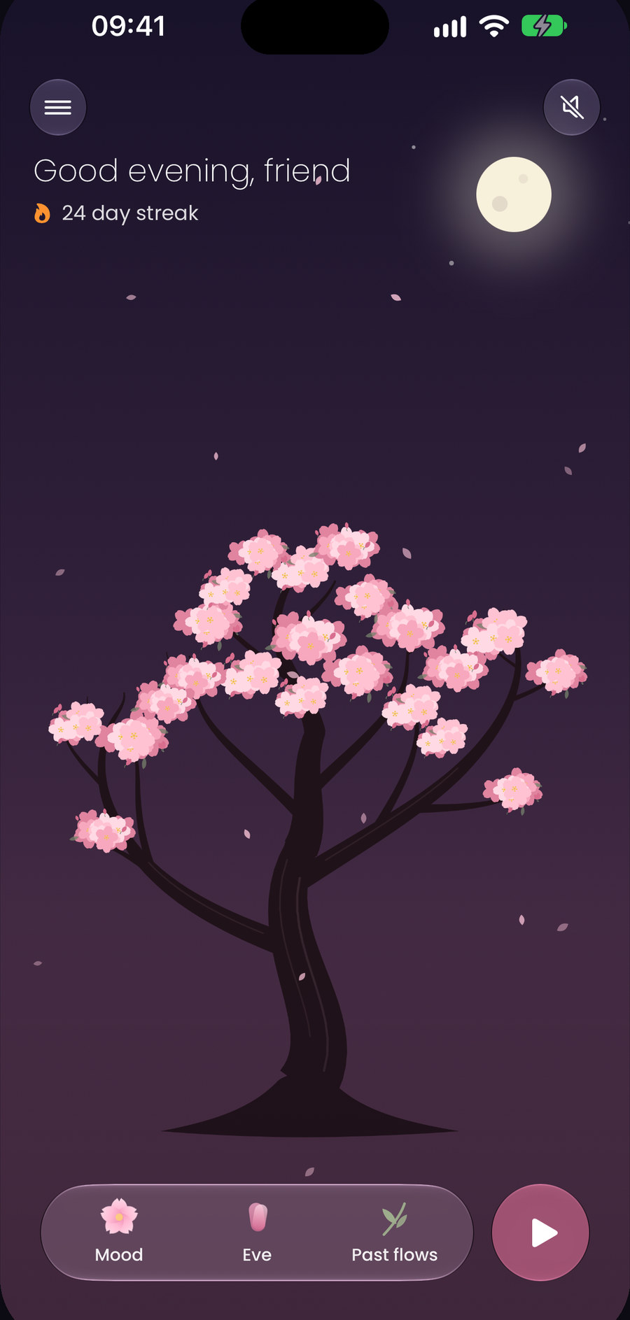 The Neveli Flow home screen: a cherry tree in blossom under an evening sky